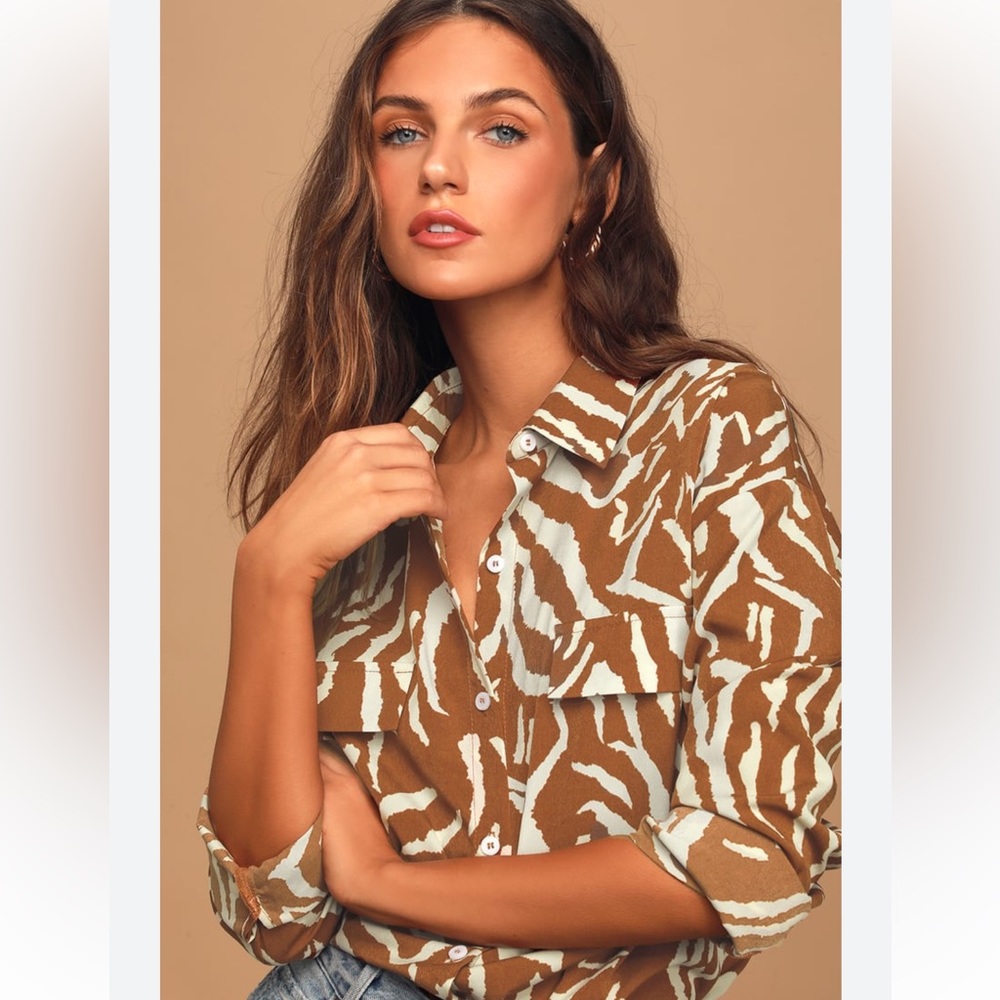 Zebra animal print button up collared blouse shirt